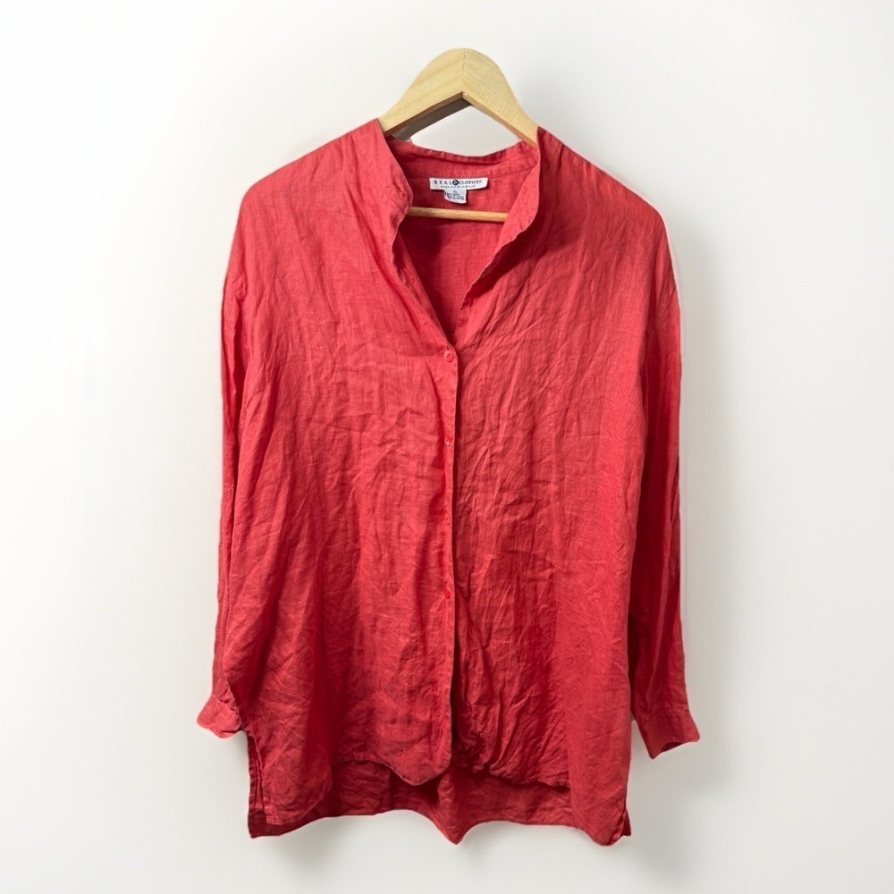 Saks Fifth Real Clothes 100% Linen Coral Button Top XL Coastal Natural Fiber‎